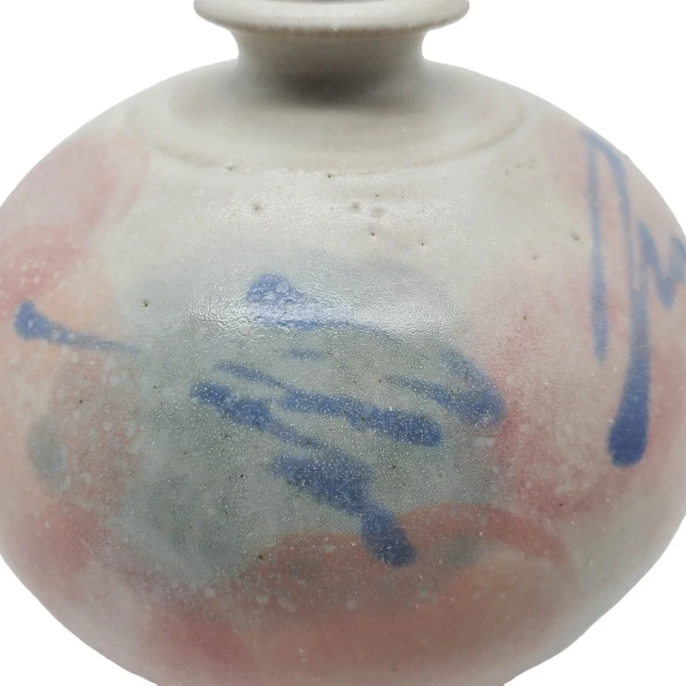 Gray Squat Art Pottery Vase Pastel Pink Blue Abstract Signed Ceramic Pot Vintage